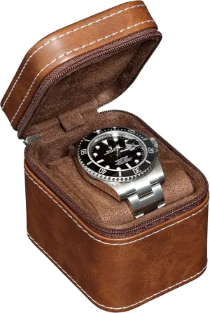 ROTHWELL Single Watch Travel Case | Compact PU Leather Protective Box with Microsuede Interior | Fits Watches & Smartwatches Up to 55mm (Tan/Brown)
