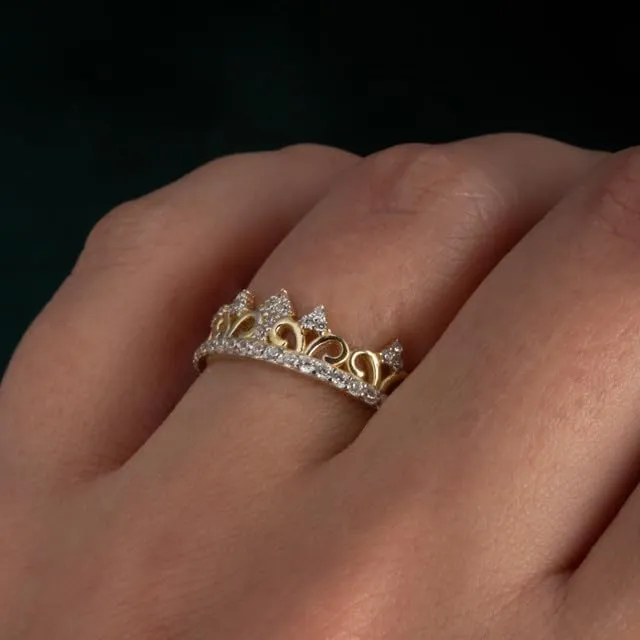 Royal Crown Filigree Tiara Band CZ Fine Ring Real Solid Gold