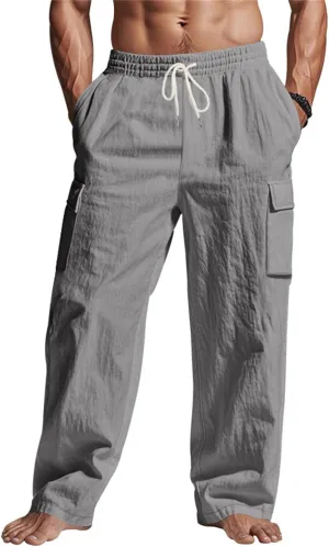 RTTUIOP Linen Pants Men Casual Beach Baggy Relaxed Fit Trousers Lightweight Elastic Waist Summer Pants with Pockets