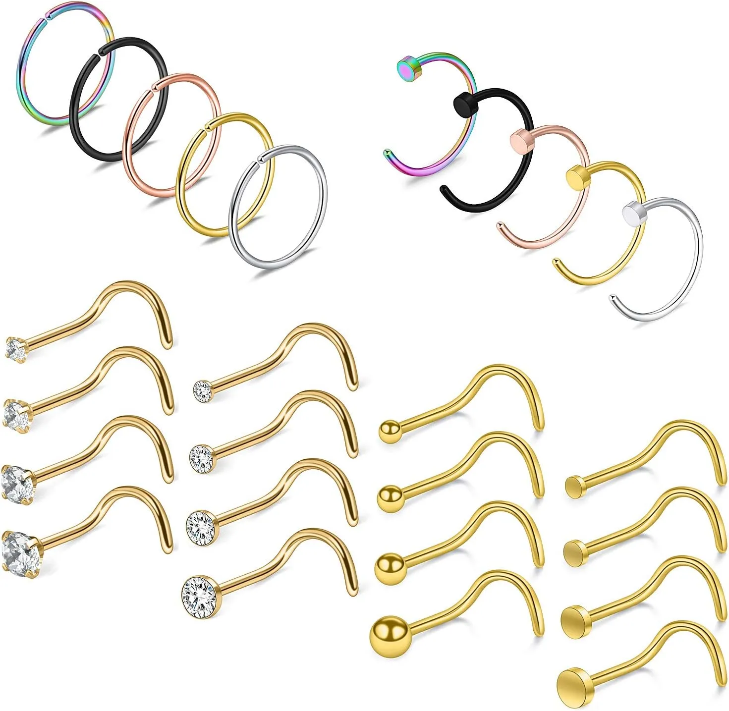 Ruifan 20G 18G Surgical Steel 1.5mm-3mm Flat Ball Clear Diamond CZ Nose Stud Rings Screw Piercing Jewelry 16-26PCS