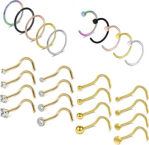 Ruifan 20G 18G Surgical Steel 1.5mm-3mm Flat Ball Clear Diamond CZ Nose Stud Rings Screw Piercing Jewelry 16-26PCS
