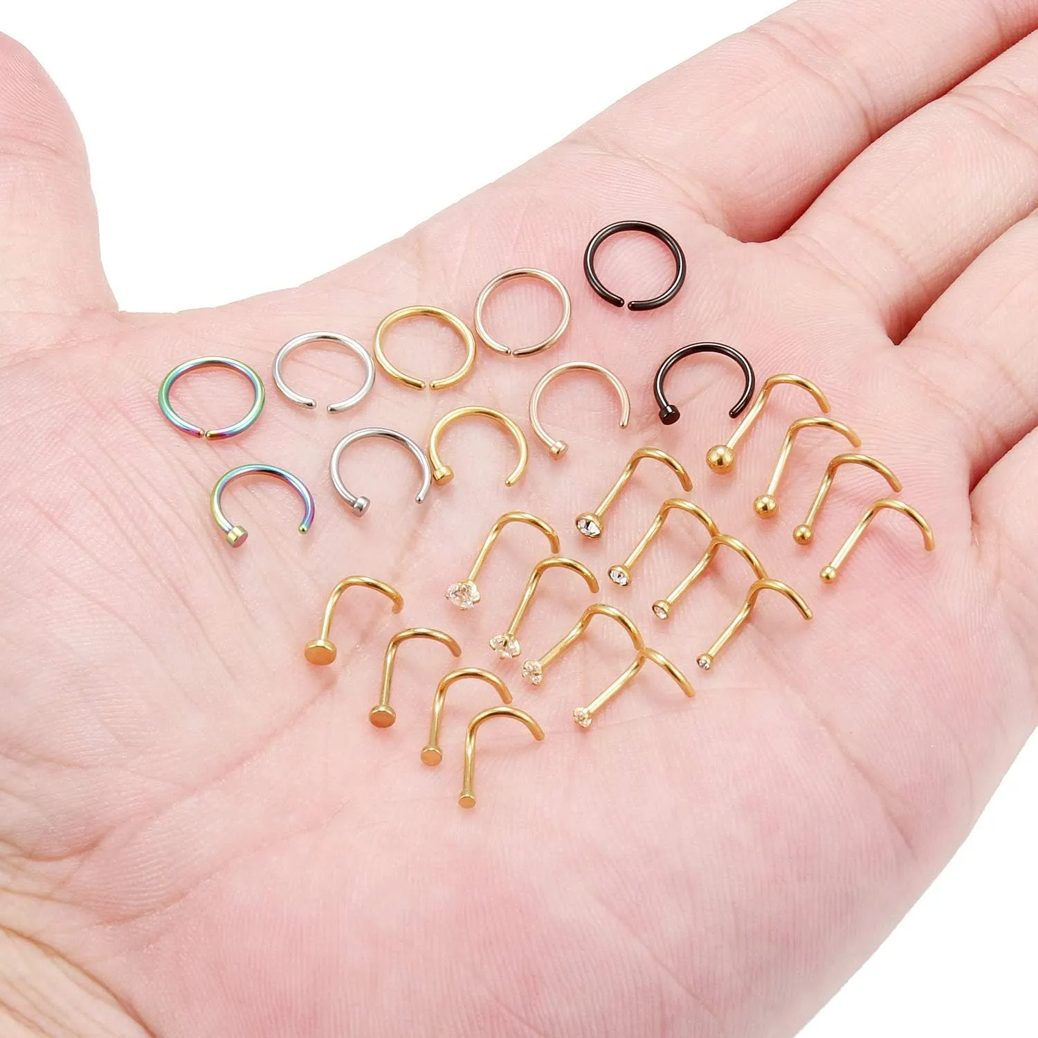 Ruifan 20G 18G Surgical Steel 1.5mm-3mm Flat Ball Clear Diamond CZ Nose Stud Rings Screw Piercing Jewelry 16-26PCS