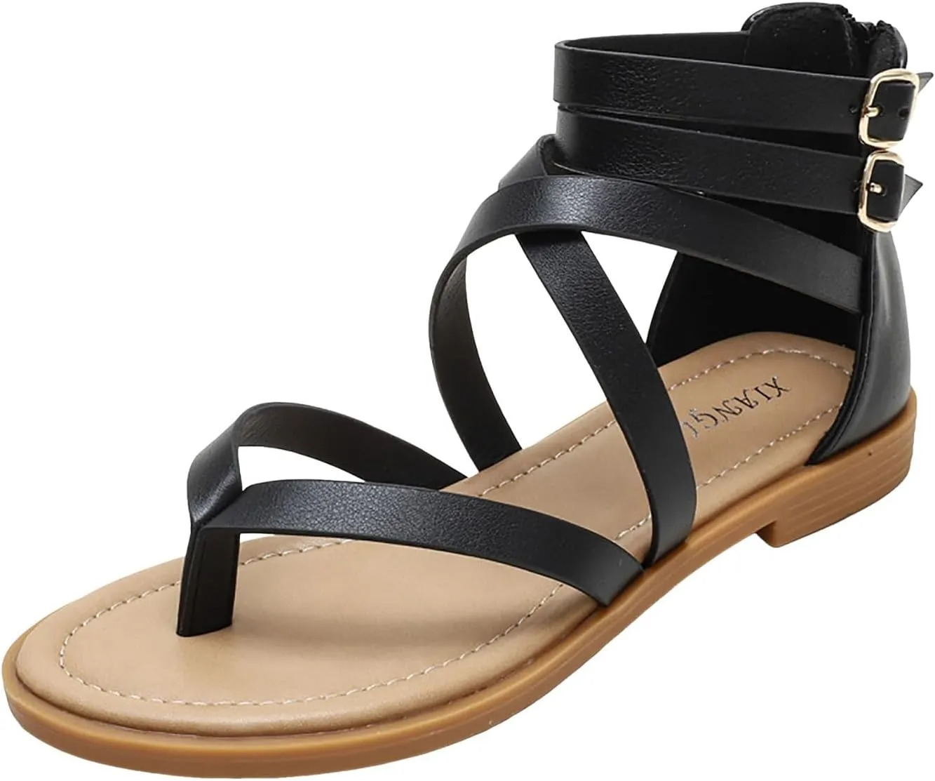 Sandals For Women 2025 Dressy Black Zipper Strappy Sandal Ankle Buckle Gladiator Flat Shoes Summer Dress Flats