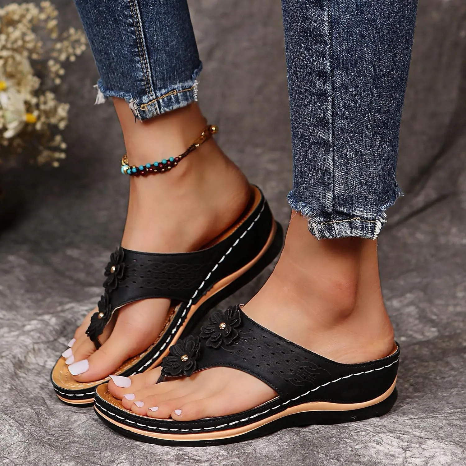 Sandals for Women, Yoga Mat Walking Wedge Thong Sandals with Plantar Fasciitis Arch Support Orthopedic Sandals