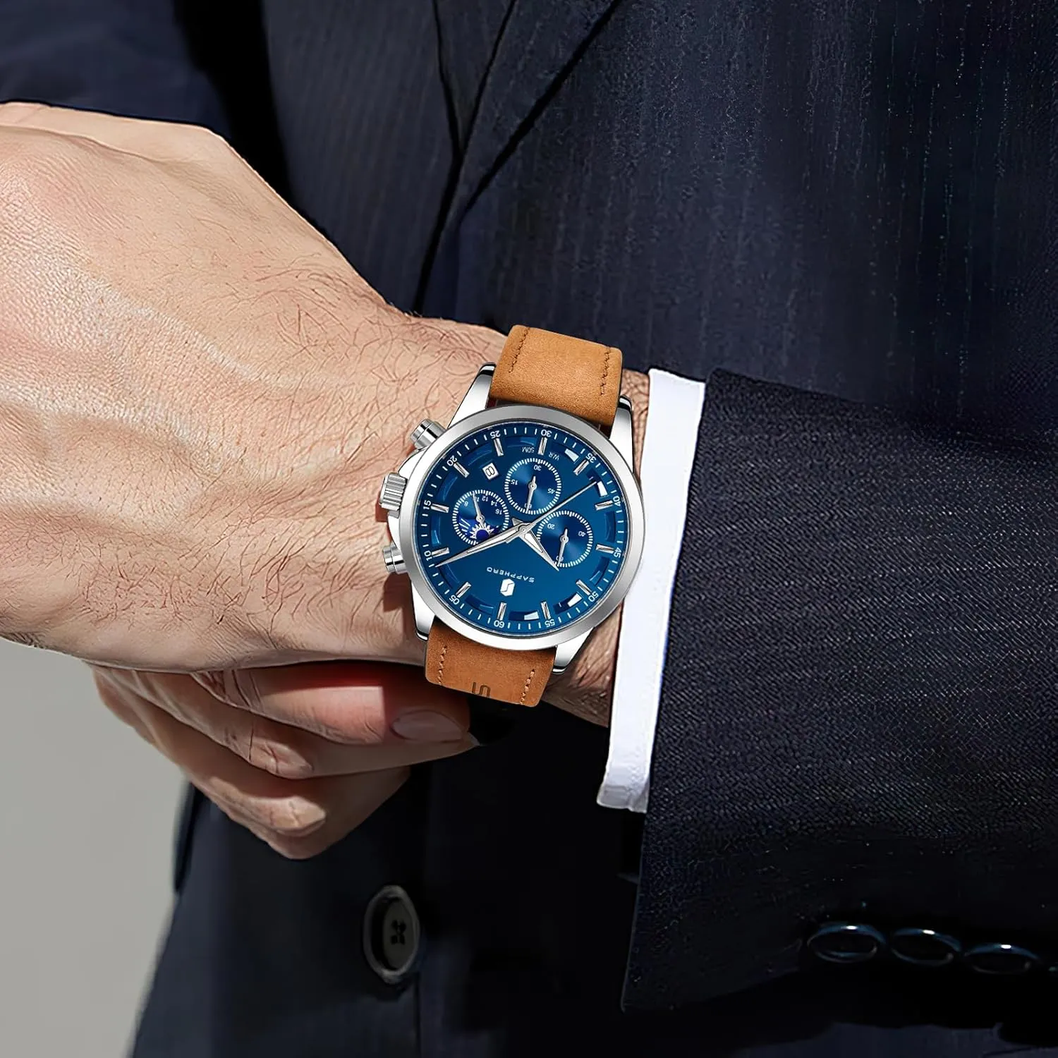 SAPPHERO Mens Watches Watches for Men Analog Watch Waterproof Watch Quartz Chronograph Date Display Leather Band Men's Wrist Watches Casual Business Gifts for Men Fashion Designer Mens Dress Watch