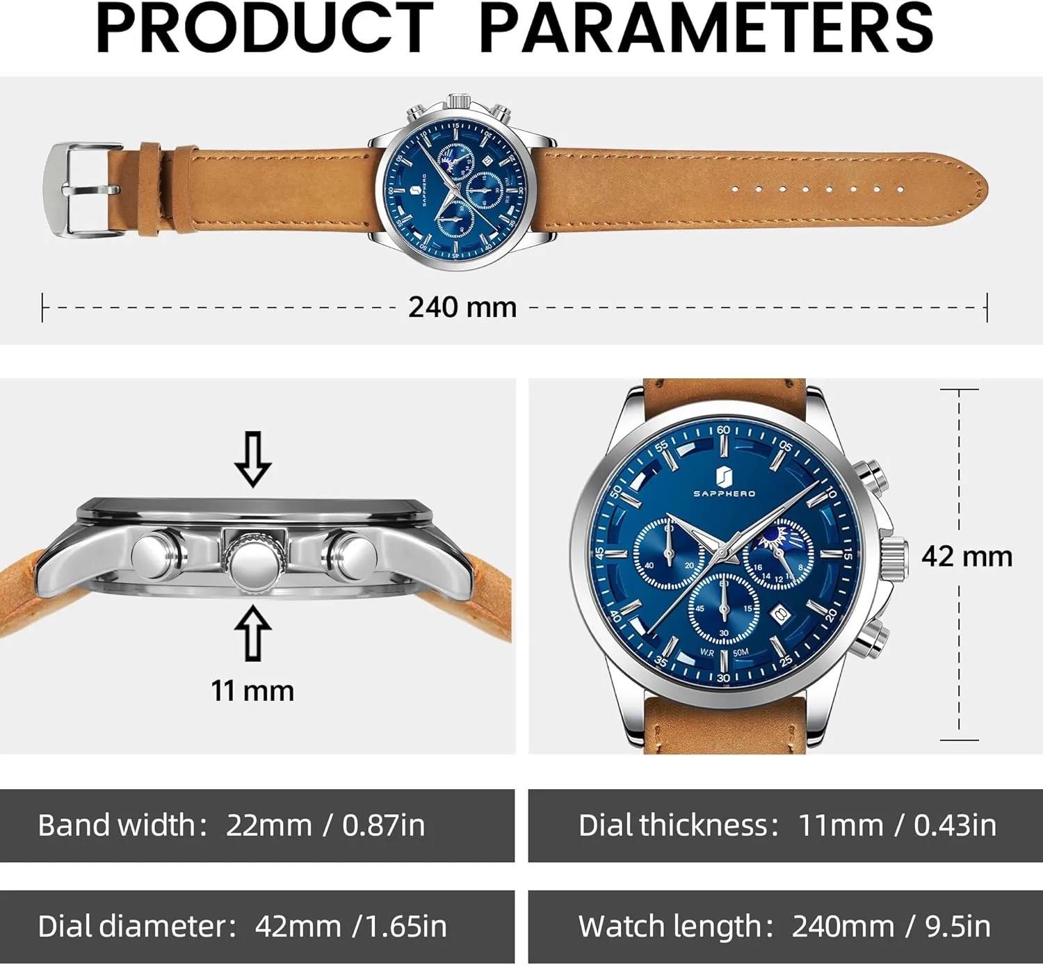 SAPPHERO Mens Watches Watches for Men Analog Watch Waterproof Watch Quartz Chronograph Date Display Leather Band Men's Wrist Watches Casual Business Gifts for Men Fashion Designer Mens Dress Watch