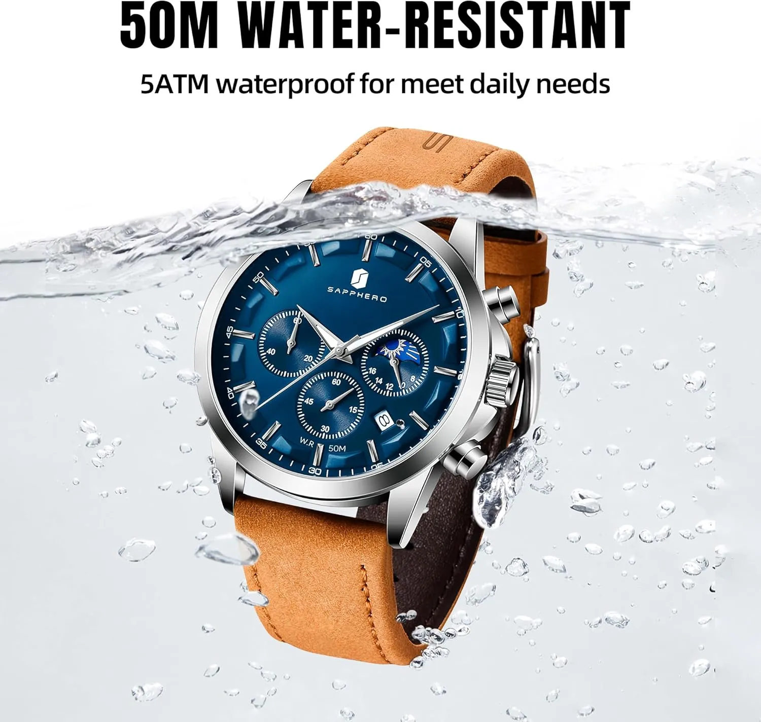 SAPPHERO Mens Watches Watches for Men Analog Watch Waterproof Watch Quartz Chronograph Date Display Leather Band Men's Wrist Watches Casual Business Gifts for Men Fashion Designer Mens Dress Watch