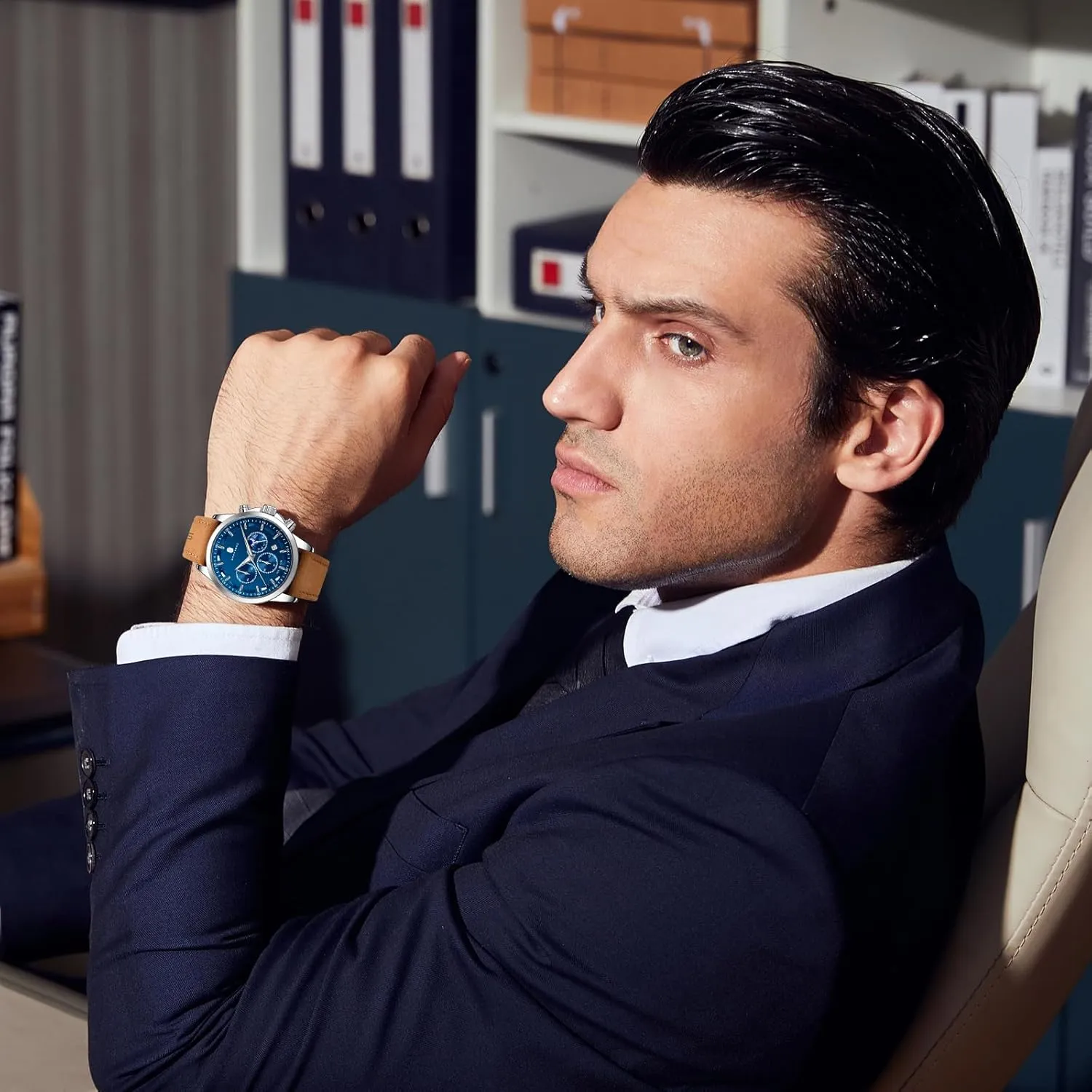 SAPPHERO Mens Watches Watches for Men Analog Watch Waterproof Watch Quartz Chronograph Date Display Leather Band Men's Wrist Watches Casual Business Gifts for Men Fashion Designer Mens Dress Watch