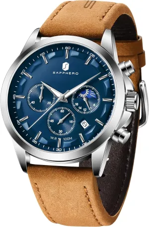 SAPPHERO Mens Watches Watches for Men Analog Watch Waterproof Watch Quartz Chronograph Date Display Leather Band Men's Wrist Watches Casual Business Gifts for Men Fashion Designer Mens Dress Watch