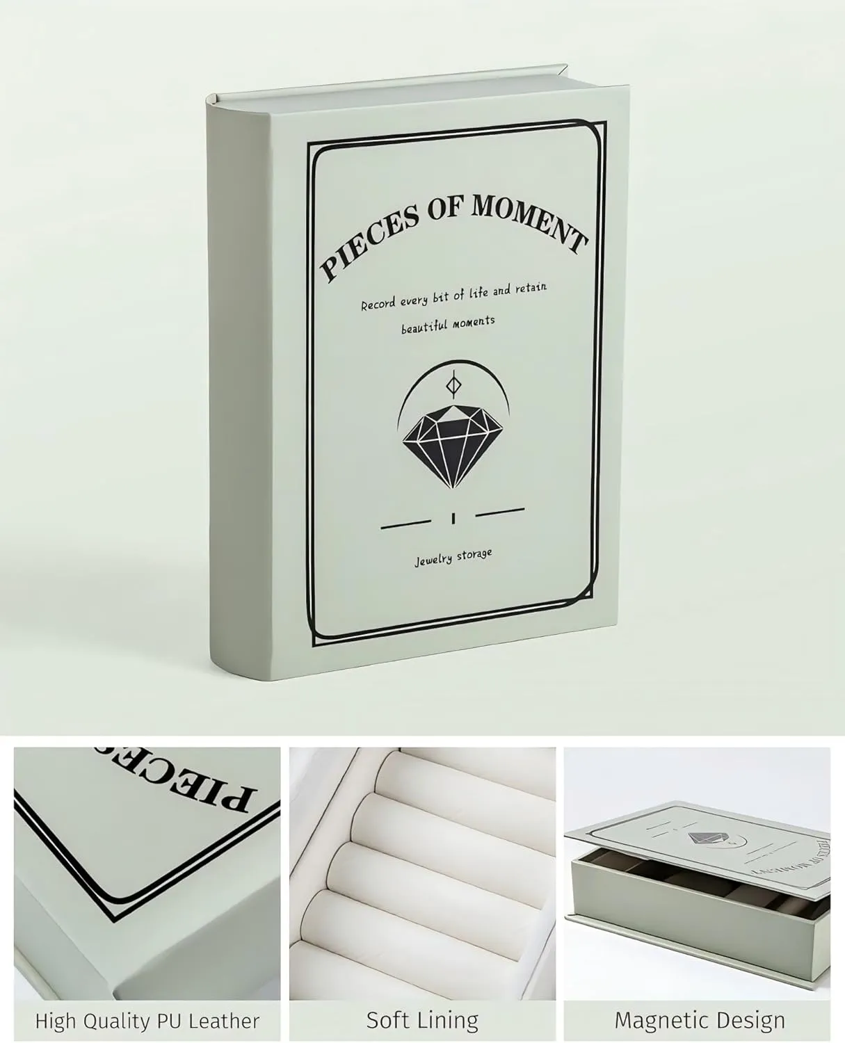 Secret Book Jewelry Organizer BoxHidden Travel Case for Necklaces & Rings,Plush Velvet Lining - Sleek Trick to Hide Treasures on Your Shelf! (Magic Book for Women & Bookworms!) (Pale green)