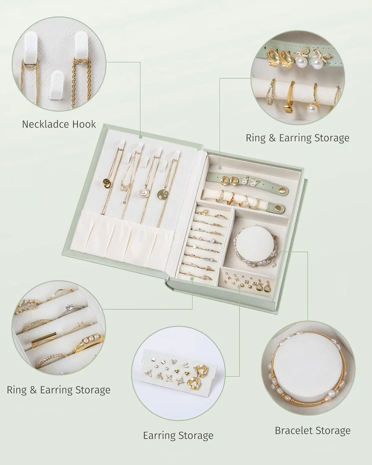 Secret Book Jewelry Organizer BoxHidden Travel Case for Necklaces & Rings,Plush Velvet Lining - Sleek Trick to Hide Treasures on Your Shelf! (Magic Book for Women & Bookworms!) (Pale green)