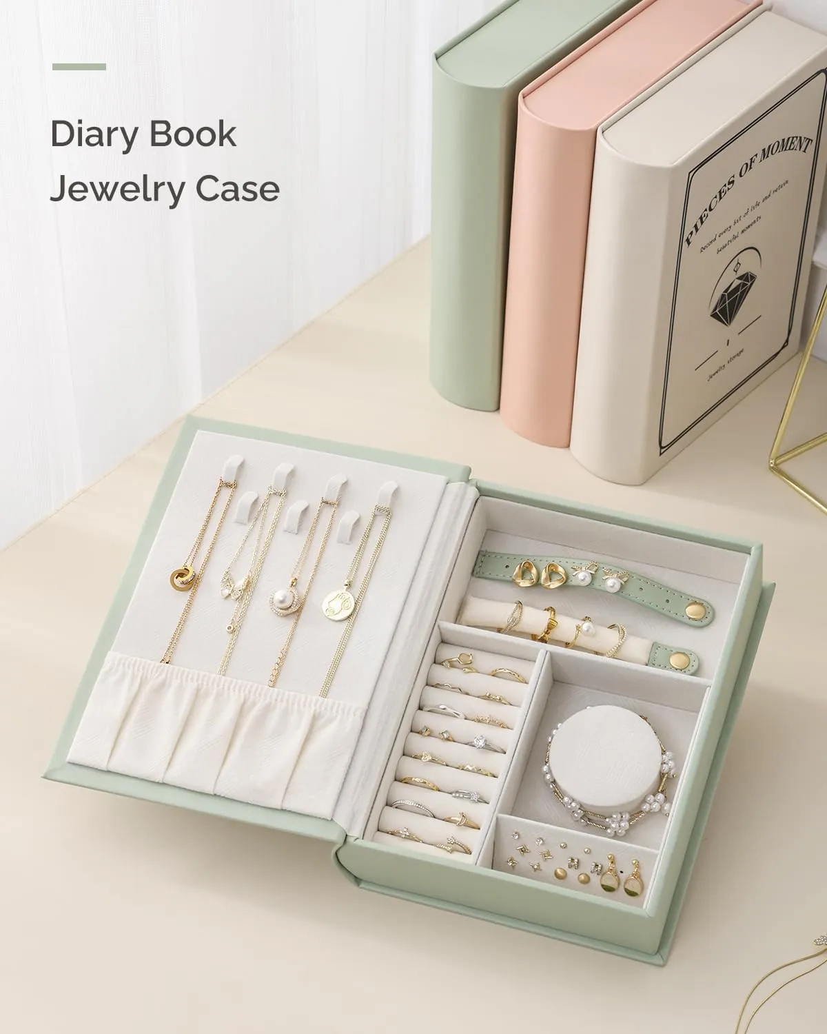 Secret Book Jewelry Organizer BoxHidden Travel Case for Necklaces & Rings,Plush Velvet Lining - Sleek Trick to Hide Treasures on Your Shelf! (Magic Book for Women & Bookworms!) (Pale green)