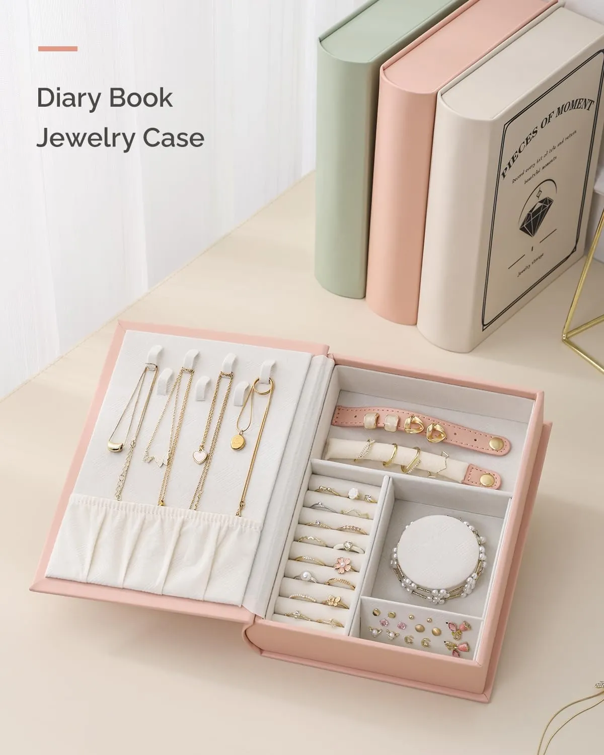 Secret Book Jewelry Organizer BoxHidden Travel Case for Necklaces & Rings,Plush Velvet Lining - Sleek Trick to Hide Treasures on Your Shelf! (Magic Book for Women & Bookworms!) (Pink)