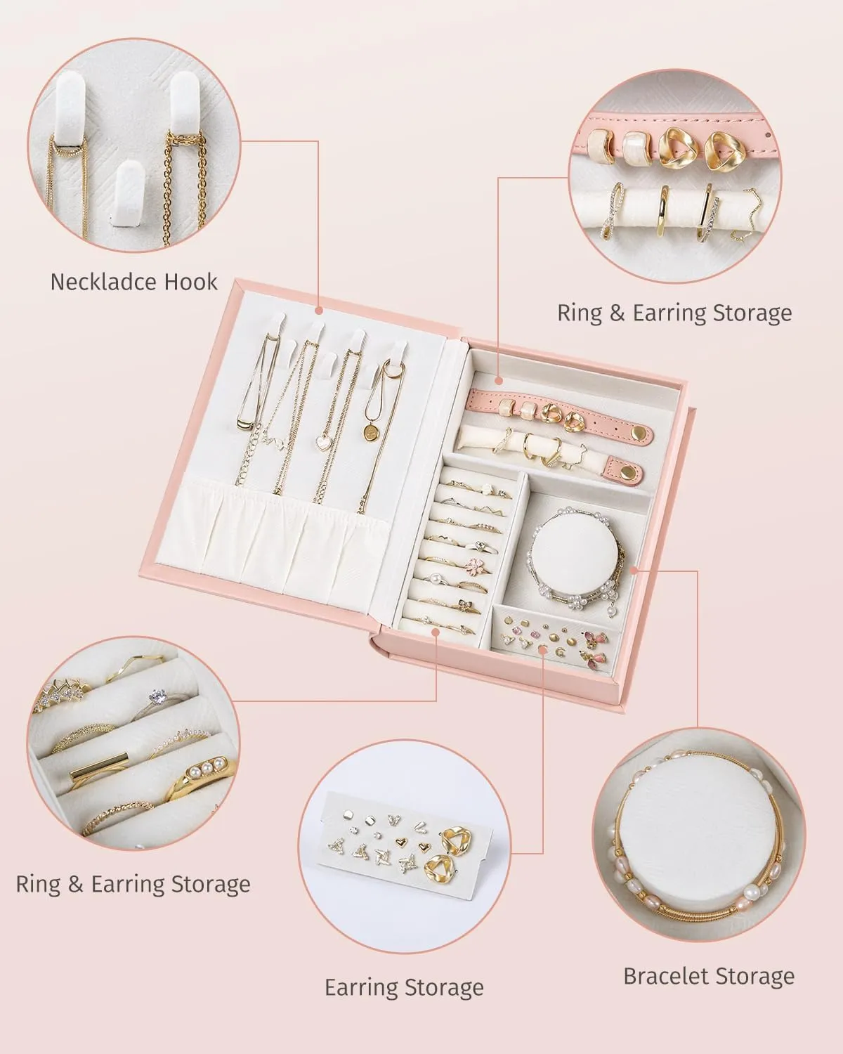 Secret Book Jewelry Organizer BoxHidden Travel Case for Necklaces & Rings,Plush Velvet Lining - Sleek Trick to Hide Treasures on Your Shelf! (Magic Book for Women & Bookworms!) (Pink)