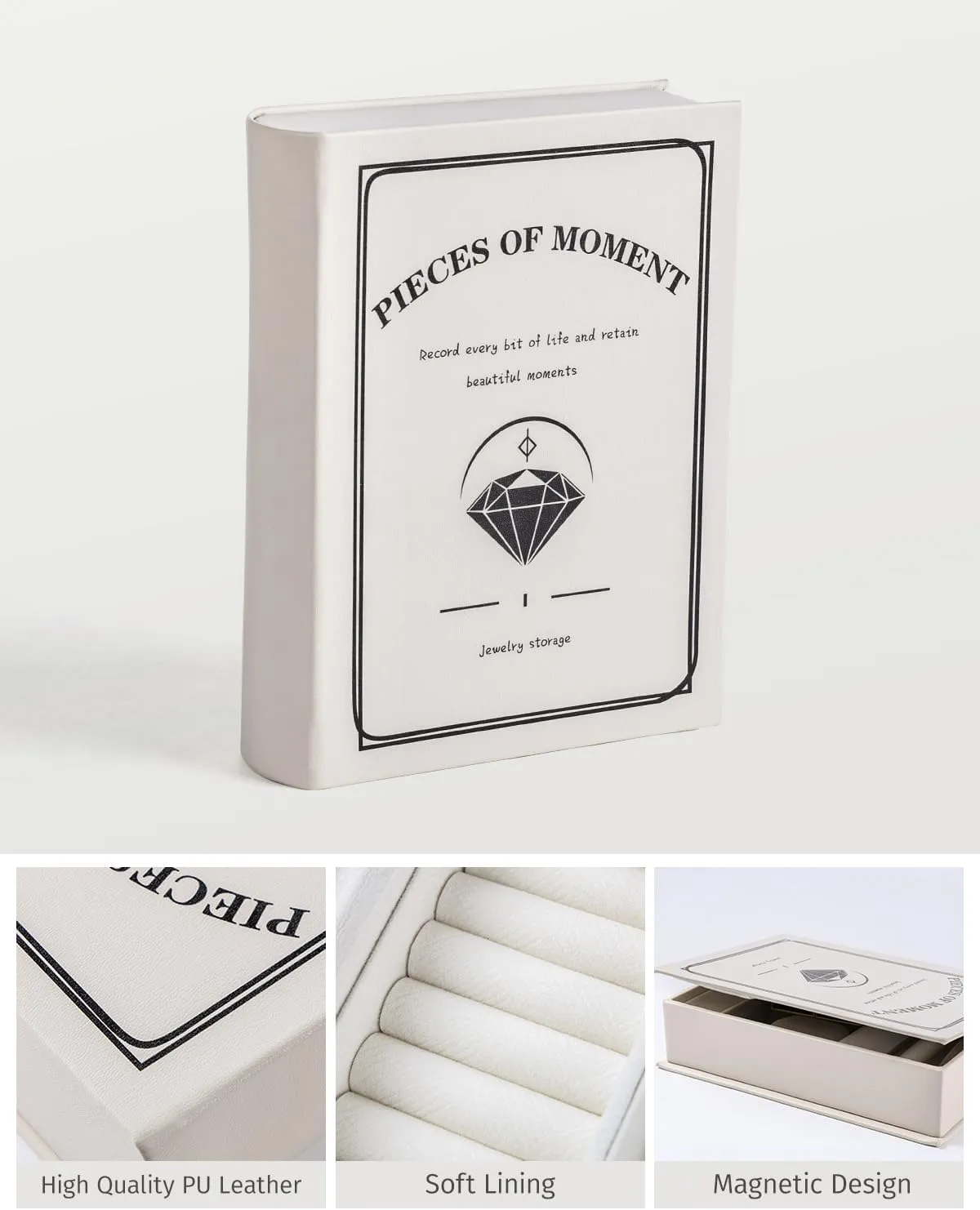 Secret Book Jewelry Organizer BoxHidden Travel Case for Necklaces & Rings,Plush Velvet Lining - Sleek Trick to Hide Treasures on Your Shelf! (Magic Book for Women & Bookworms!) (White)