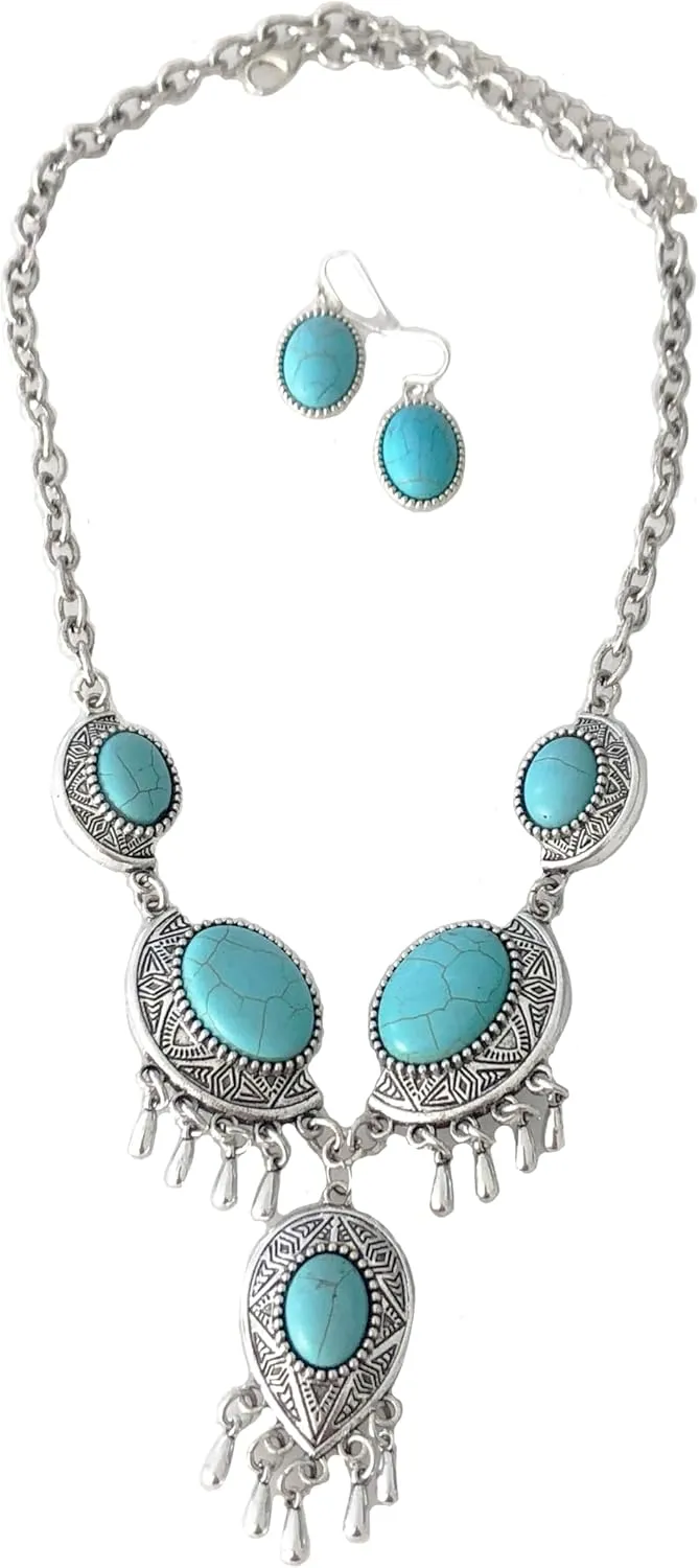 Secret for Longevity Silver Tone Western Aqua Turquoise Bohemian Navajo Vintage Style Resin Acrylic Stones Statement Necklace Earrings Set