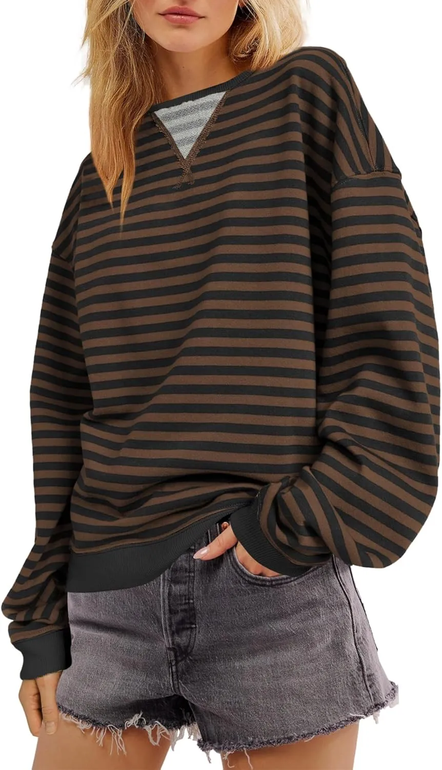 SENSERISE Womens Oversized Classic Striped Crewneck Sweatshirts Long Sleeve Color Block Shirts Casual Tops
