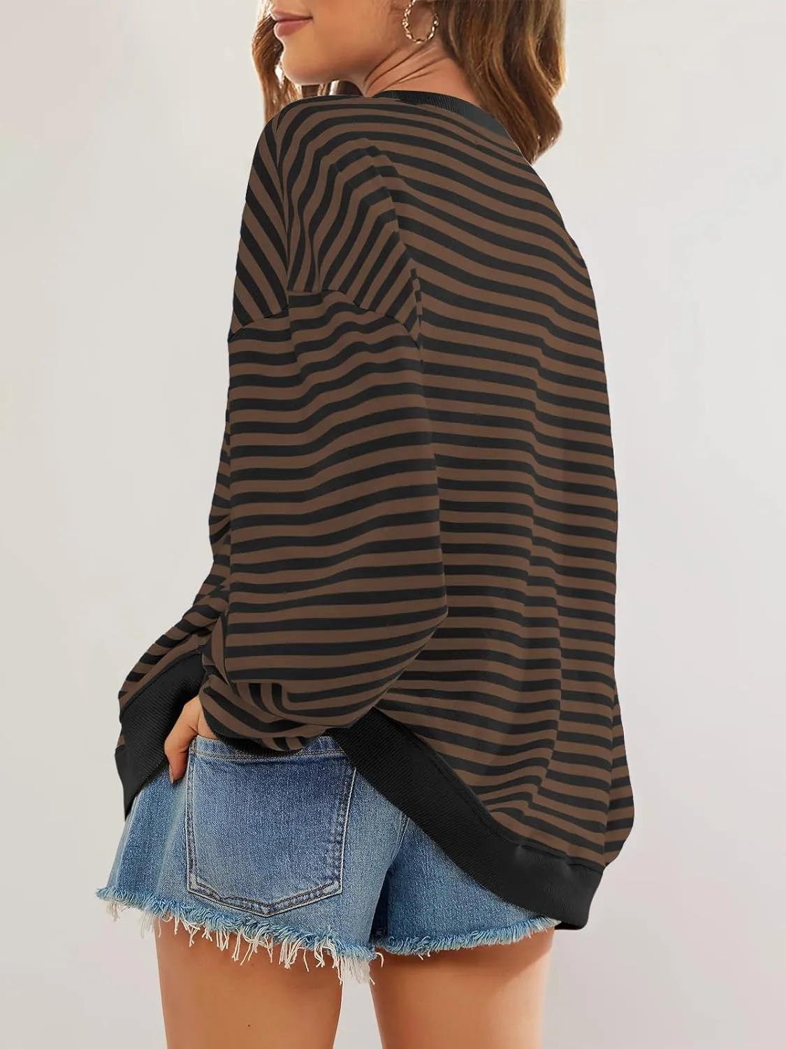 SENSERISE Womens Oversized Classic Striped Crewneck Sweatshirts Long Sleeve Color Block Shirts Casual Tops