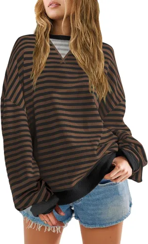 SENSERISE Womens Oversized Classic Striped Crewneck Sweatshirts Long Sleeve Color Block Shirts Casual Tops