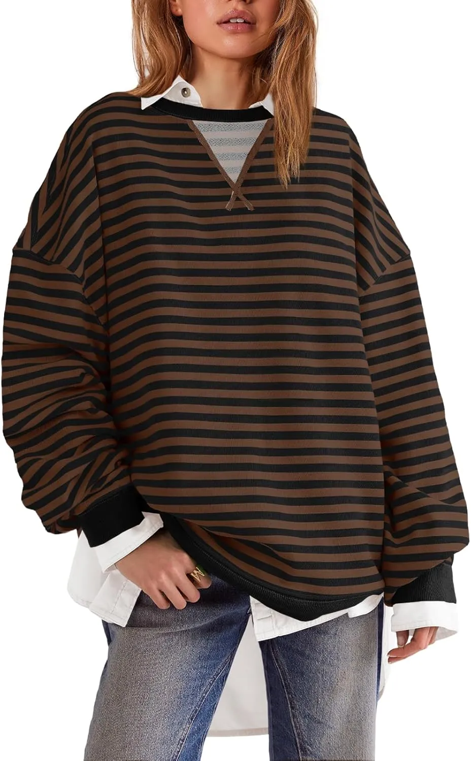 SENSERISE Womens Oversized Classic Striped Crewneck Sweatshirts Long Sleeve Color Block Shirts Casual Tops