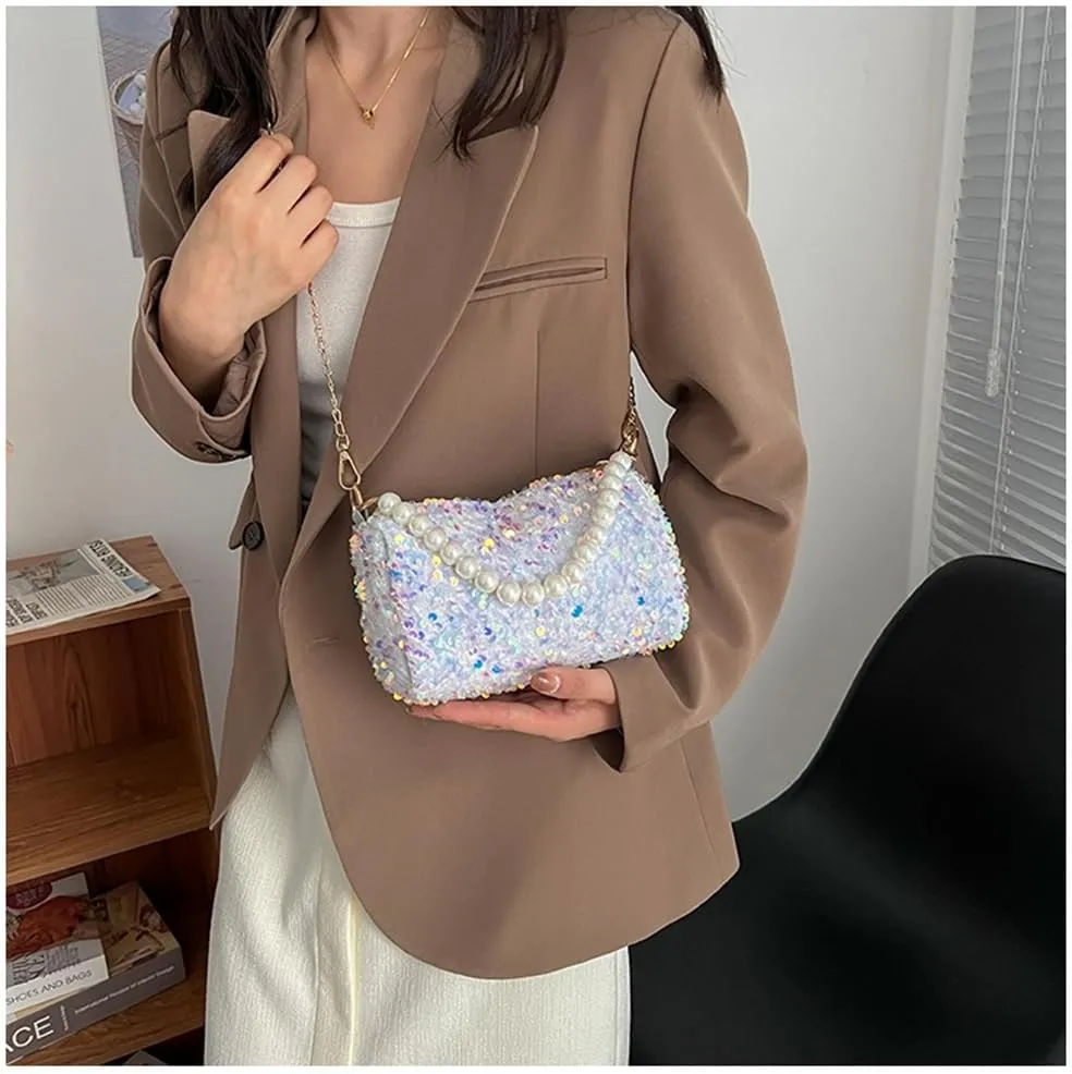 Sequin Evening Clutch Purse with Pearl Chain for Women Sparkly Sequin Crossbody Shoulder Bag for Party Prom Wedding