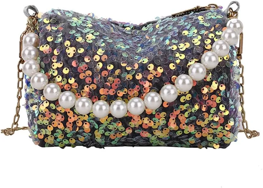 Sequin Evening Clutch Purse with Pearl Chain for Women Sparkly Sequin Crossbody Shoulder Bag for Party Prom Wedding