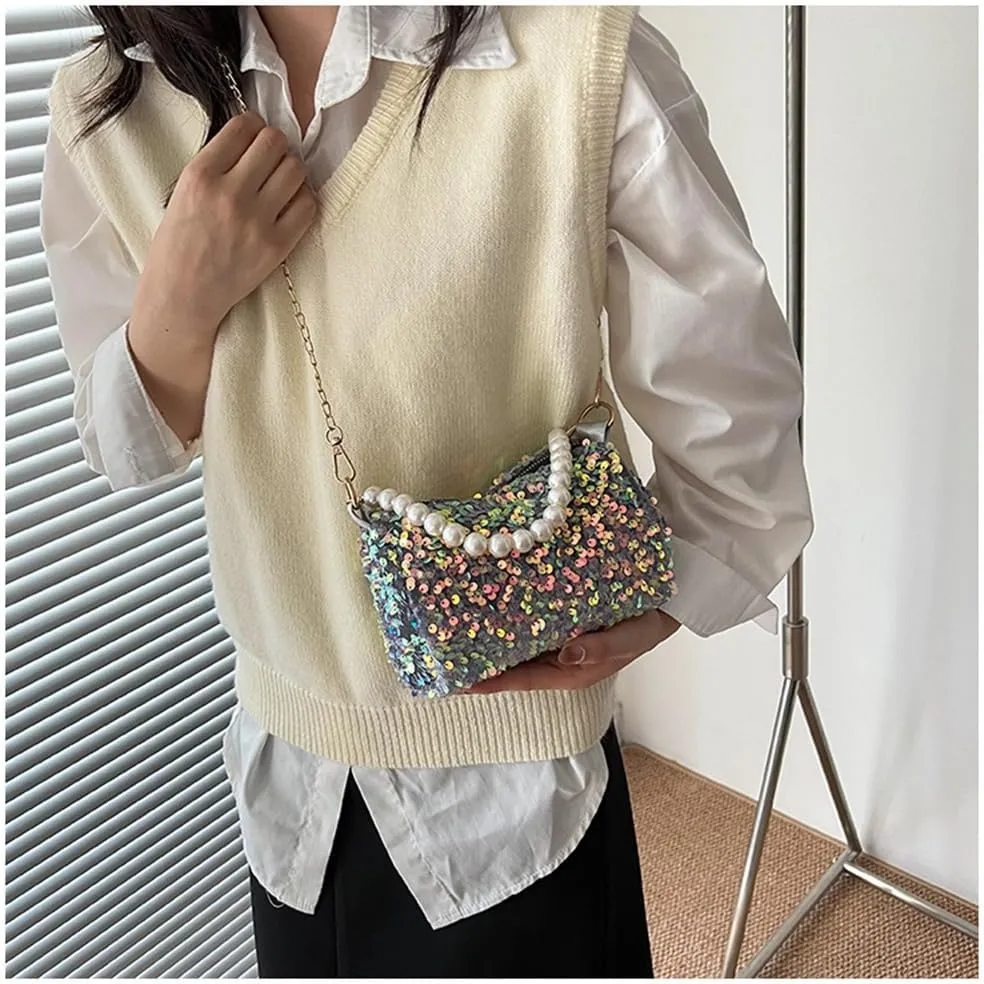 Sequin Evening Clutch Purse with Pearl Chain for Women Sparkly Sequin Crossbody Shoulder Bag for Party Prom Wedding