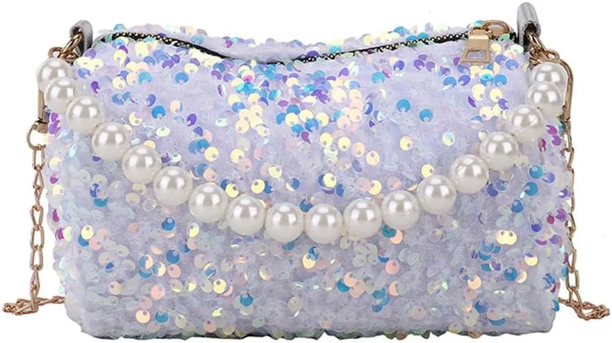 Sequin Evening Clutch Purse with Pearl Chain for Women Sparkly Sequin Crossbody Shoulder Bag for Party Prom Wedding
