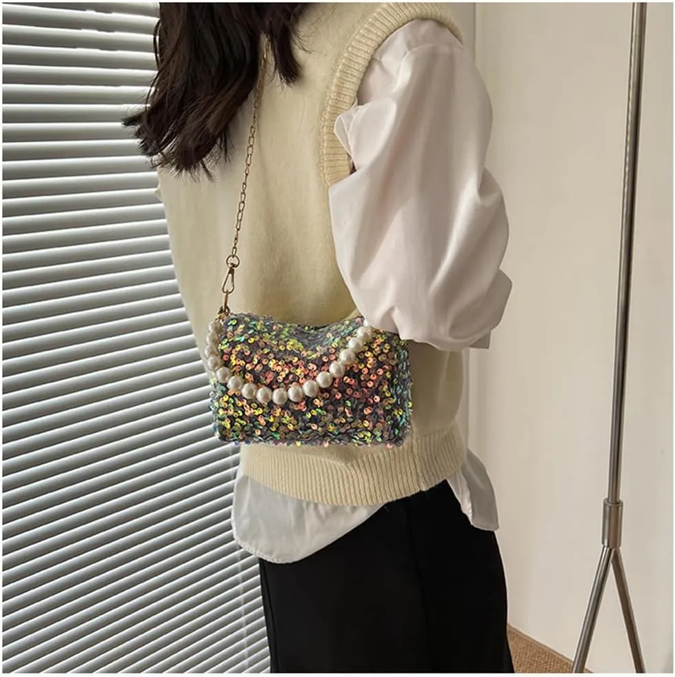 Sequin Evening Clutch Purse with Pearl Chain for Women Sparkly Sequin Crossbody Shoulder Bag for Party Prom Wedding