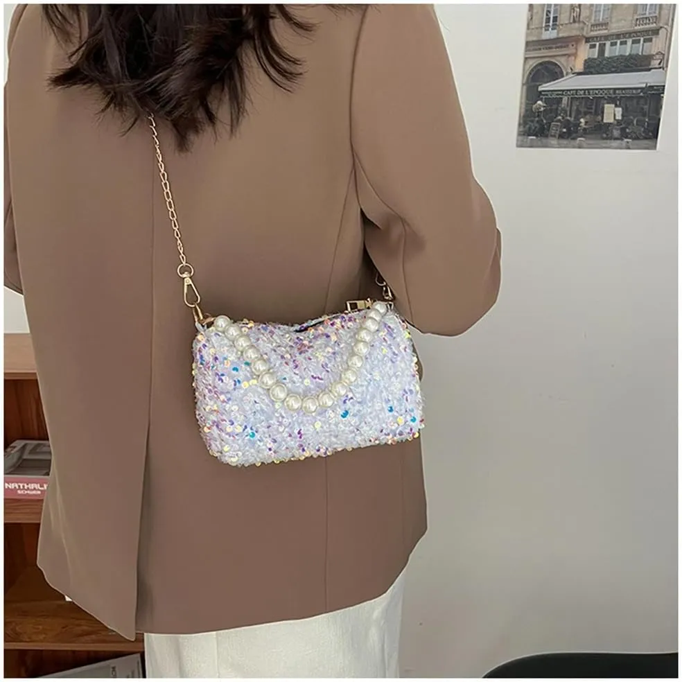 Sequin Evening Clutch Purse with Pearl Chain for Women Sparkly Sequin Crossbody Shoulder Bag for Party Prom Wedding