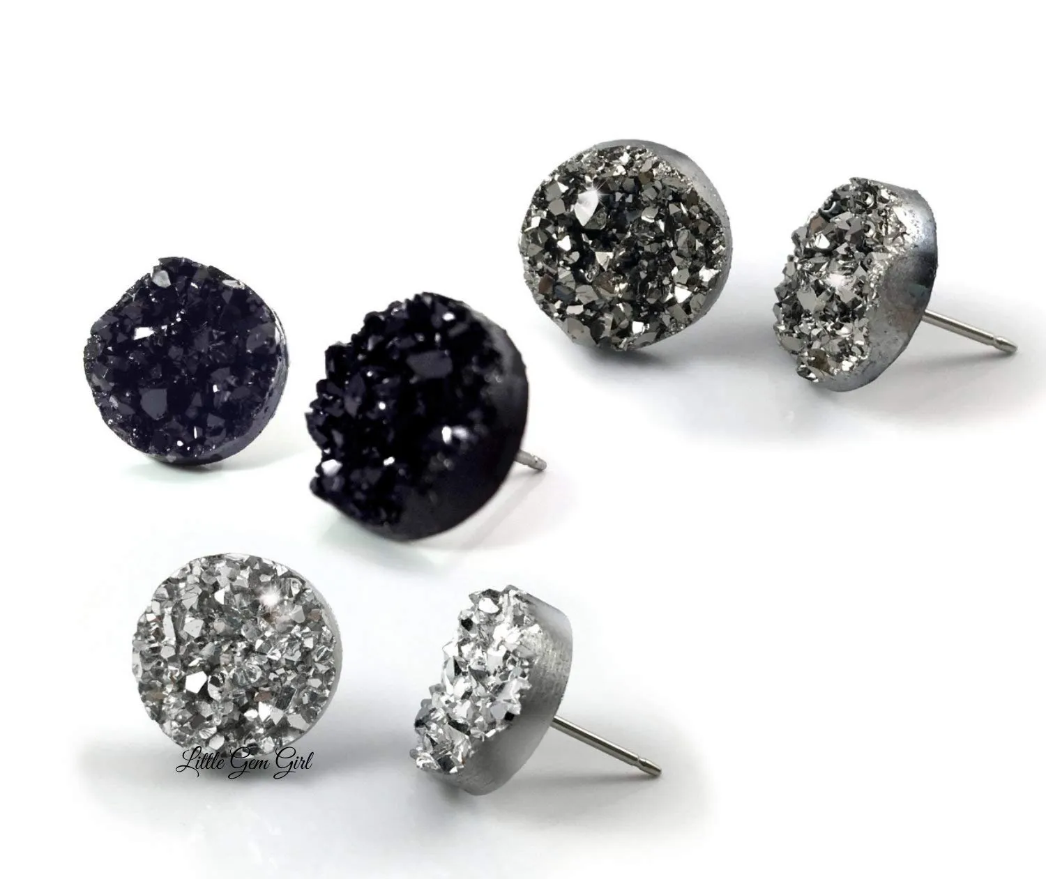 Set of 3 Glitter Resin Druzy Stud Earrings - 8mm, 10mm or 12mm Gunmetal, Silver & Black with Titanium or Surgical Stainless Steel Posts Nickel Free