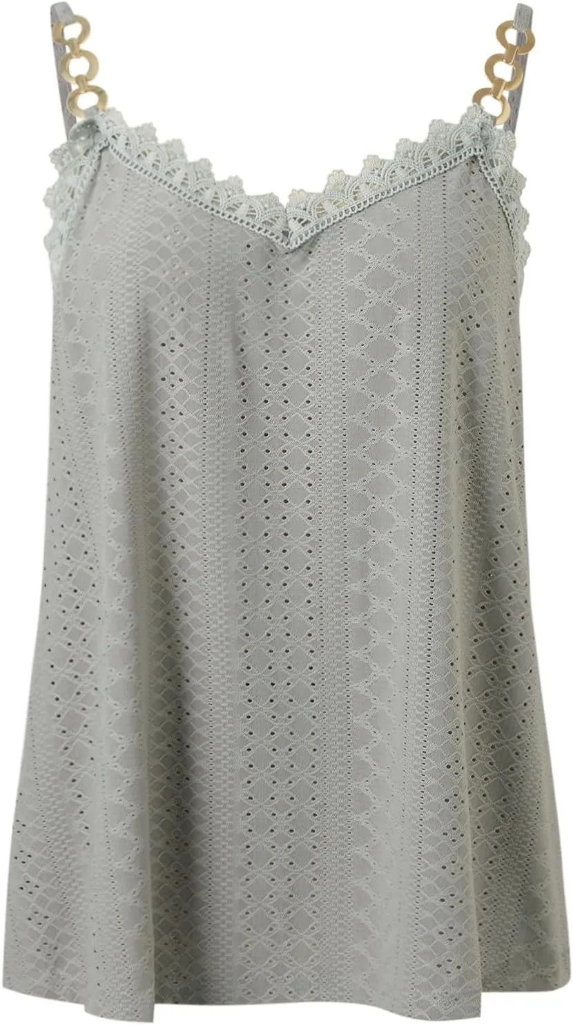 Sexy Lace Trim Tank Tops for Women Summer Chain Spaghetti Strap Shirt Fashion Hollow Out Crochet Sleeveless Camisole