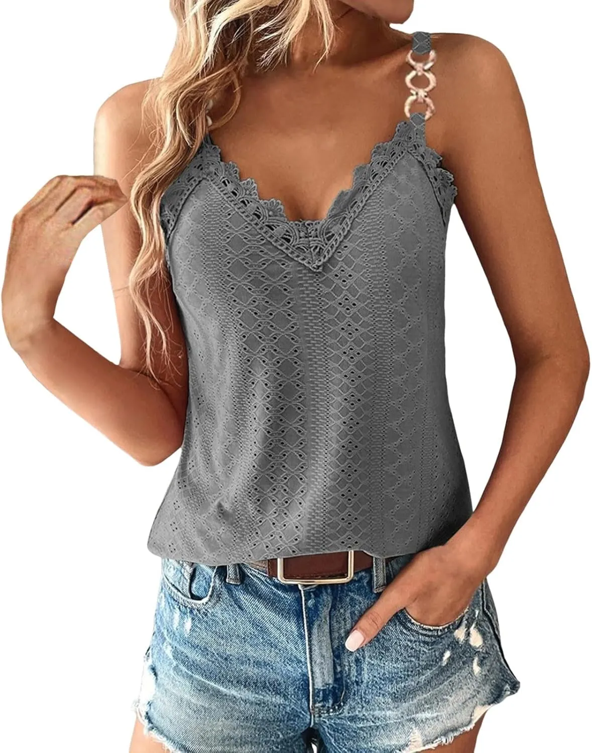 Sexy Lace Trim Tank Tops for Women Summer Chain Spaghetti Strap Shirt Fashion Hollow Out Crochet Sleeveless Camisole