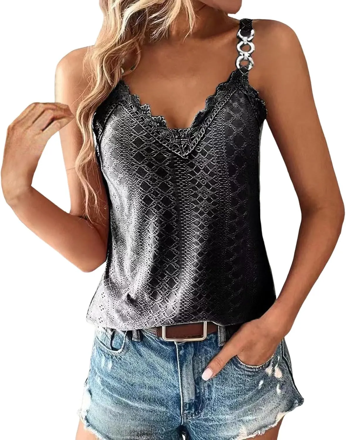 Sexy Lace Trim Tank Tops for Women Summer Chain Spaghetti Strap Shirt Fashion Hollow Out Crochet Sleeveless Camisole