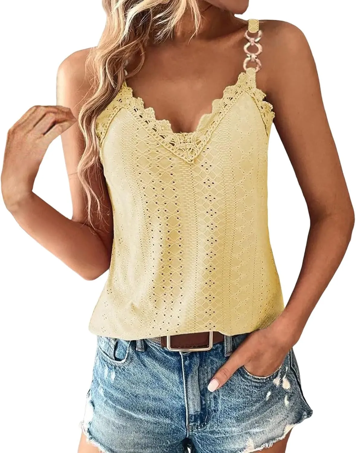 Sexy Lace Trim Tank Tops for Women Summer Chain Spaghetti Strap Shirt Fashion Hollow Out Crochet Sleeveless Camisole
