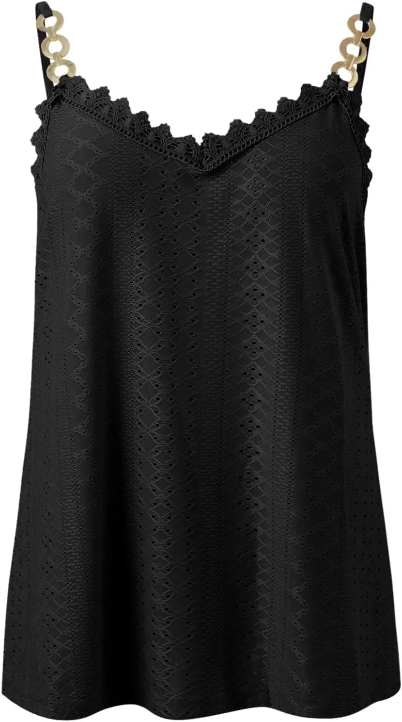 Sexy Lace Trim Tank Tops for Women Summer Chain Spaghetti Strap Shirt Fashion Hollow Out Crochet Sleeveless Camisole