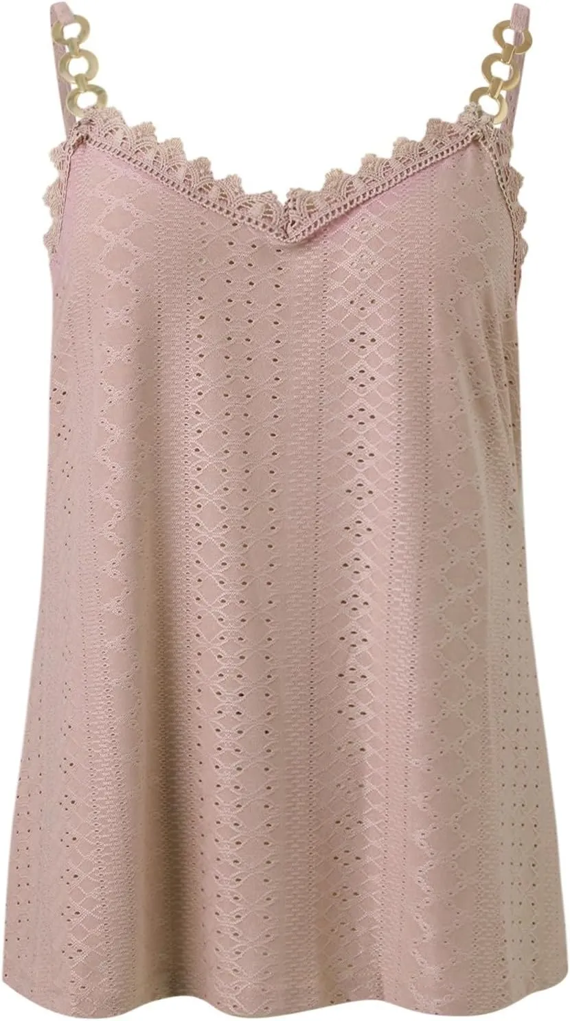 Sexy Lace Trim Tank Tops for Women Summer Chain Spaghetti Strap Shirt Fashion Hollow Out Crochet Sleeveless Camisole