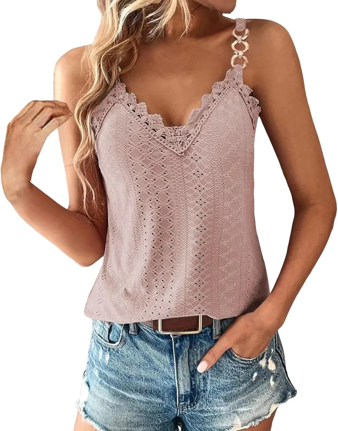 Sexy Lace Trim Tank Tops for Women Summer Chain Spaghetti Strap Shirt Fashion Hollow Out Crochet Sleeveless Camisole