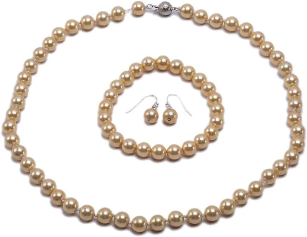 Shell Pearl Beads Necklace Bracelet Earrings AAA 8mm Round Seashell Pearl Necklace Bracelet Hook Earrings Set