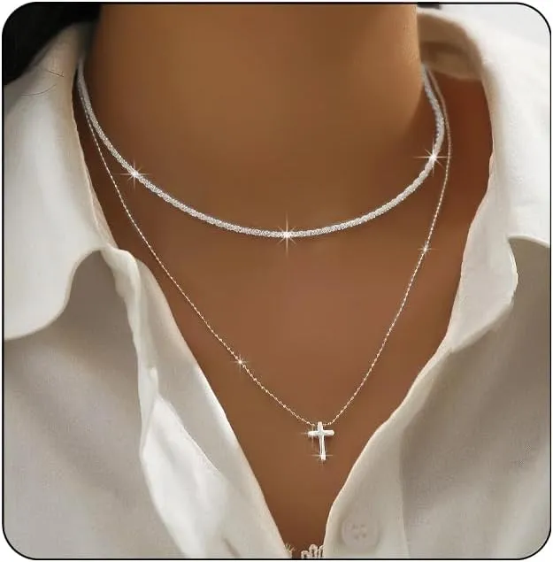 Silver Necklace for Women Silver Cross Pendant Necklace Trendy Silver Layered Necklaces Glitter Silver Chain Choker Necklaces Simple Silver Jewelry for Womens