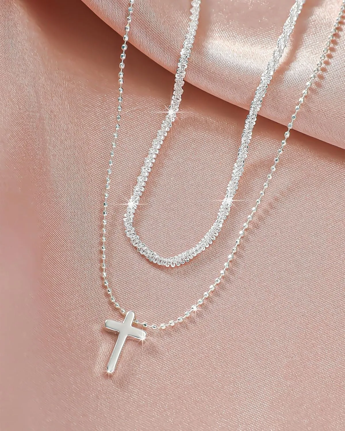 Silver Necklace for Women Silver Cross Pendant Necklace Trendy Silver Layered Necklaces Glitter Silver Chain Choker Necklaces Simple Silver Jewelry for Womens