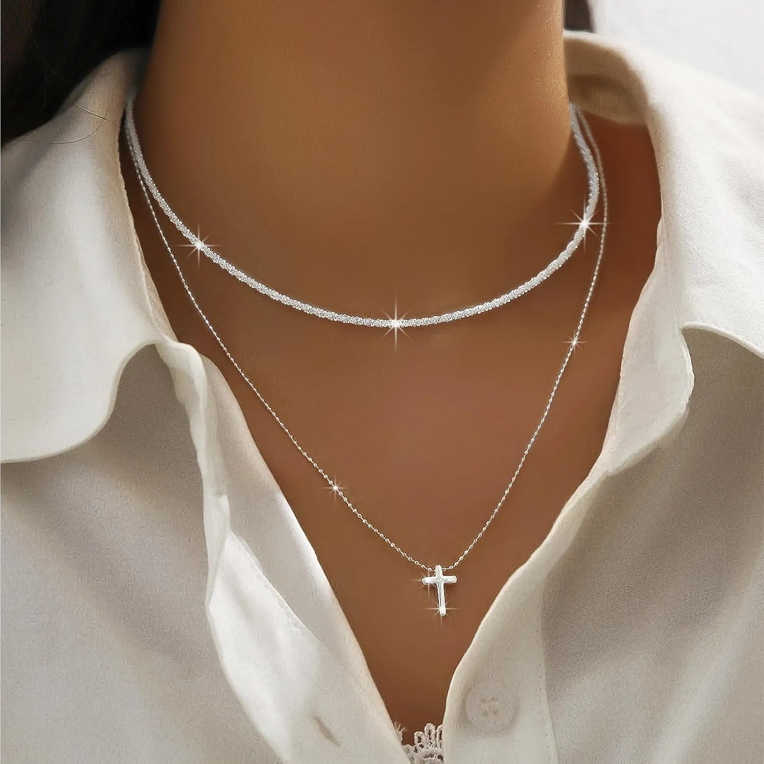 Silver Necklace for Women Silver Cross Pendant Necklace Trendy Silver Layered Necklaces Glitter Silver Chain Choker Necklaces Simple Silver Jewelry for Womens