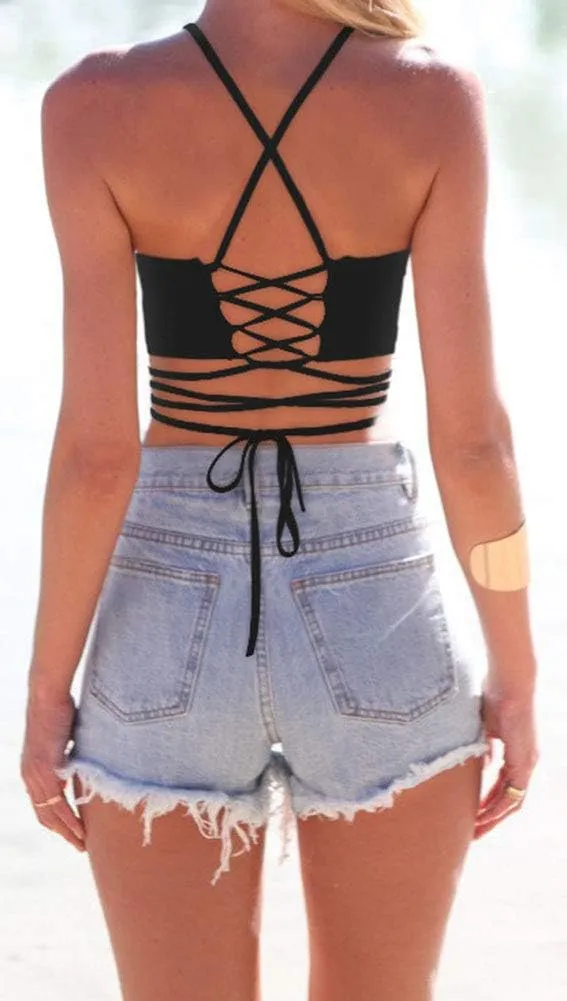 Sister Amy Women's Halter Cross Back Boho Bandage Tank Camis Crop Top Vest