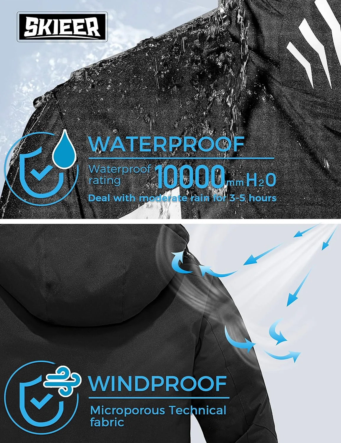 Skieer Men's Waterproof Ski Jacket Winter Snow Coat Windproof Snowboarding Jackets Warm Raincoat