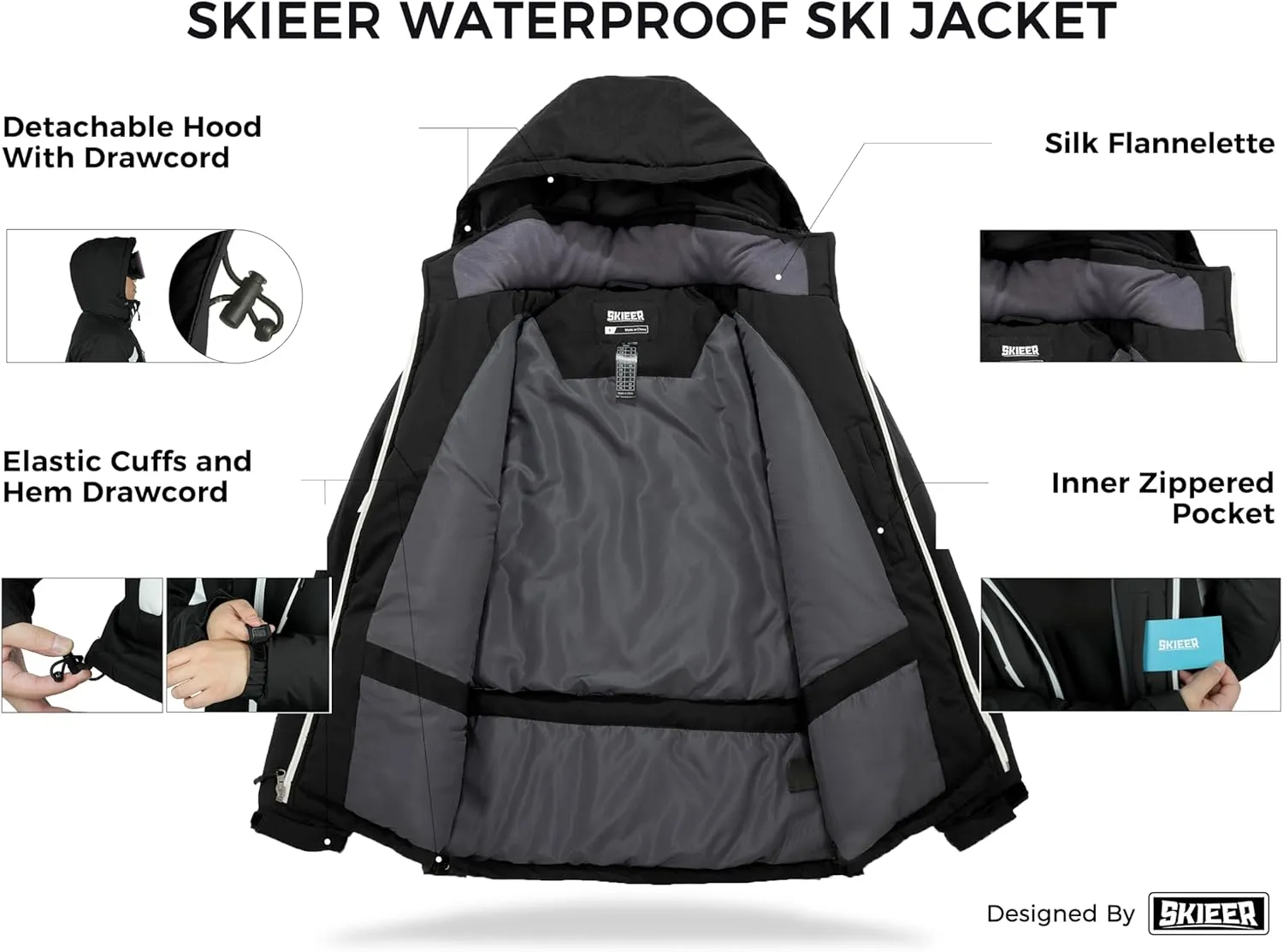 Skieer Men's Waterproof Ski Jacket Winter Snow Coat Windproof Snowboarding Jackets Warm Raincoat