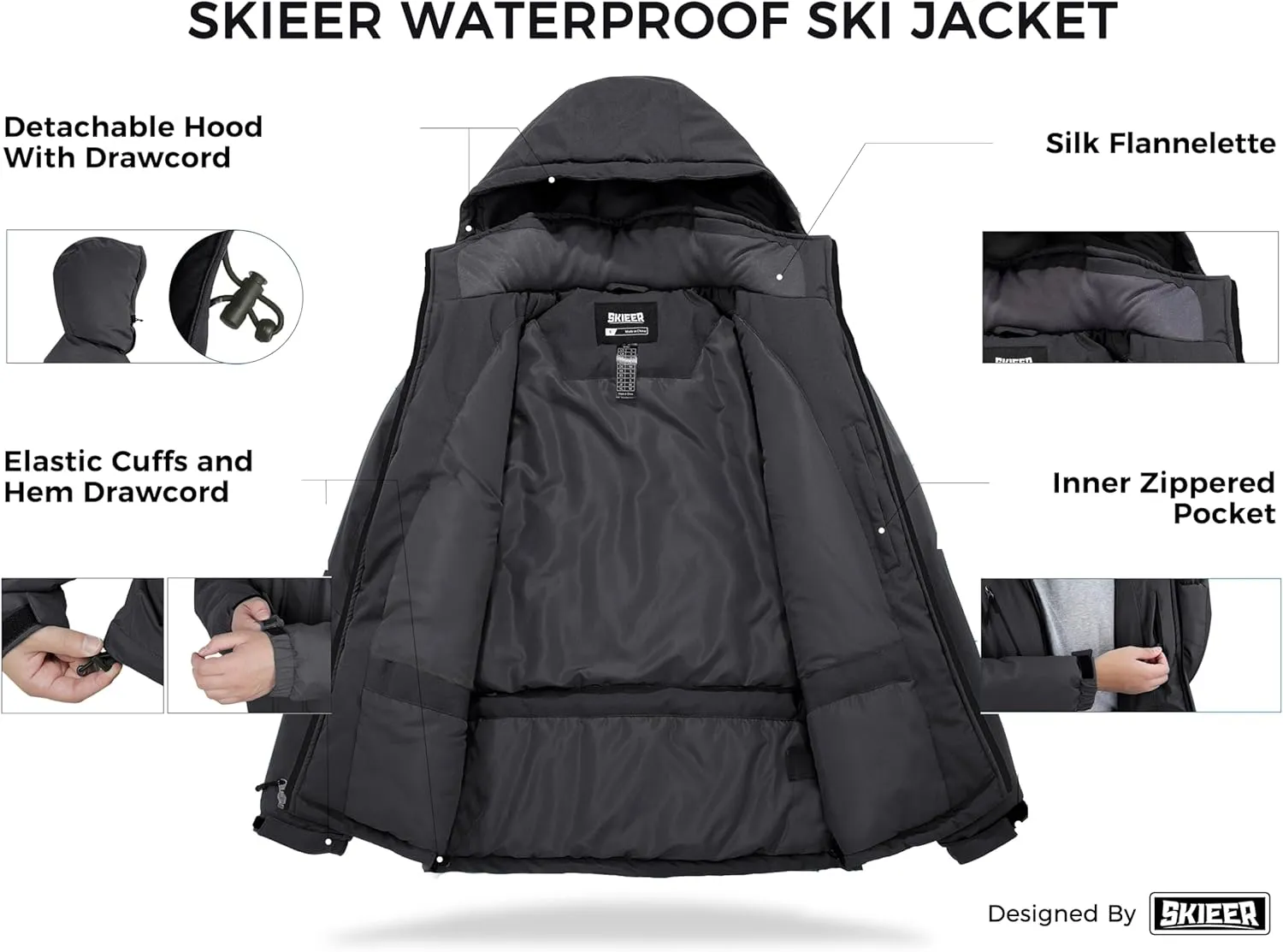 Skieer Men's Waterproof Ski Jacket Winter Snow Coat Windproof Snowboarding Jackets Warm Raincoat