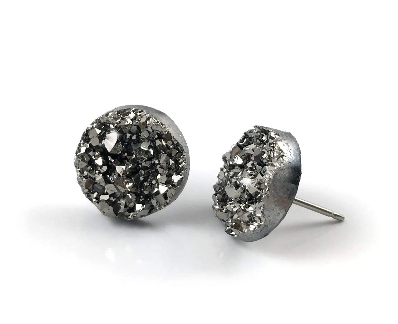 Small Gunmetal Black Druzy Stud Earrings 8mm or 10mm or 12mm Size Metallic Grey Gray Faux Crystal Post with Titanium or Stainless Posts for Sensitive Ears