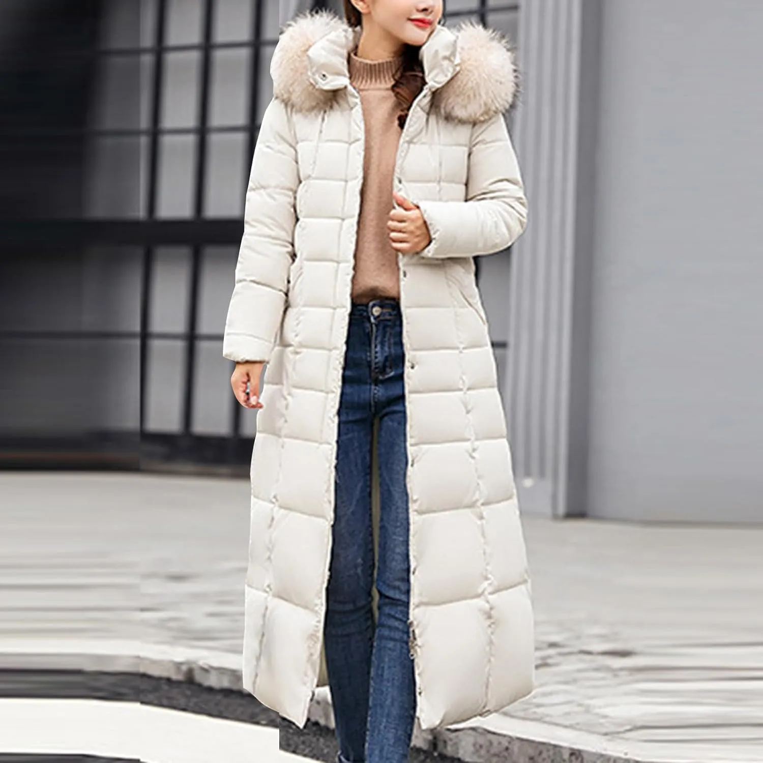 SMIDOW Womens Fashion Hooded Coat 2023 Quilted Long Puffer Jackets Waterproof Warm Winter Maxi Length Parka Coats
