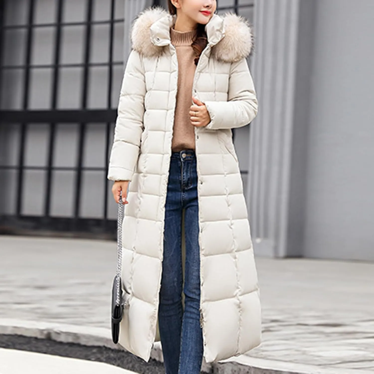 SMIDOW Womens Fashion Hooded Coat 2023 Quilted Long Puffer Jackets Waterproof Warm Winter Maxi Length Parka Coats