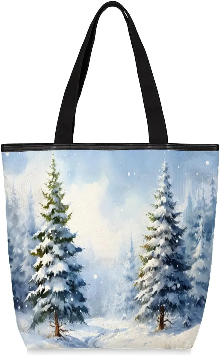 Snow Woods Canvas Tote Bag with Zipper and Pockets Canvas Tote Shopping Bag Women Reusable Grocery Bag for Beach Travel Gym Shopping